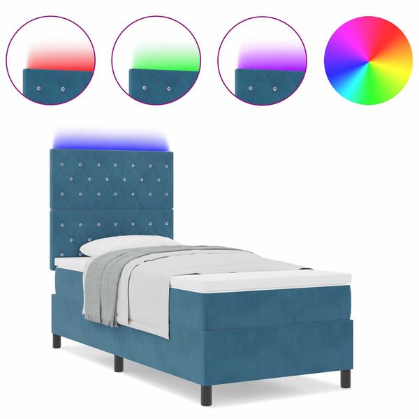 vidaXL κρεβάτι τύπου box spring με στρώμα και LED σκούρο μπλε 90x190 εκατοστά βελούδο