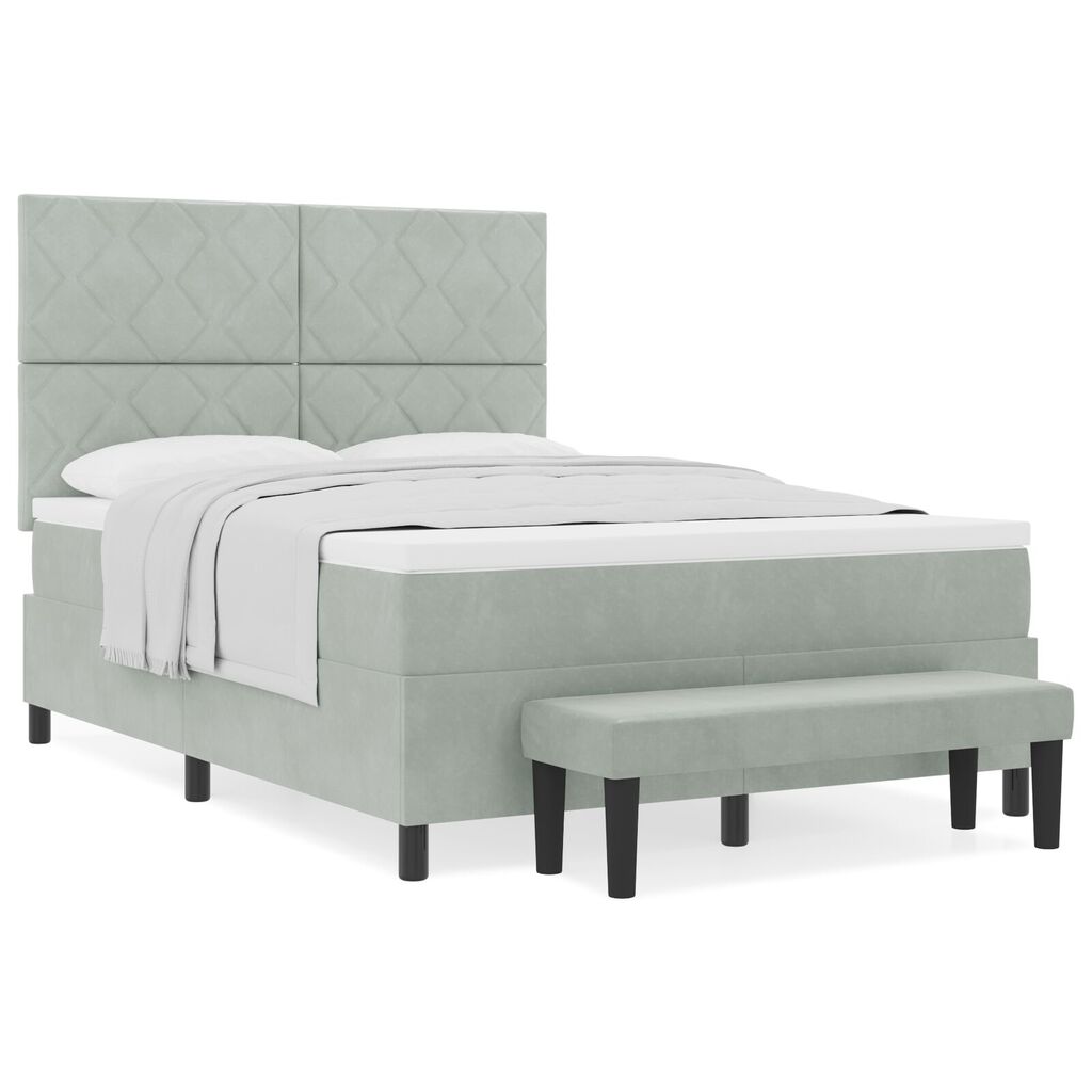 vidaXL Κρεβάτι Box Spring με Στρώμα & Πάγκο Ανοιχτό Γκρι 140x190 εκ. Βελούδο