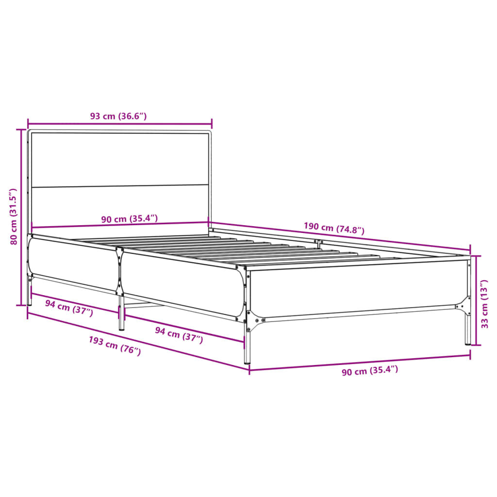 vidaXL Πλαίσιο Κρεβατιού Sonoma Δρυς 90 x 190 εκ. Επεξ. Ξύλο & Μέταλλο
