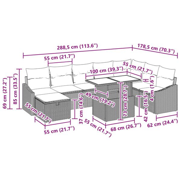 vidaXL Σετ Καναπέ Κήπου με μαξιλάρι 9 pcs Μαύρο Πολυ ράταν