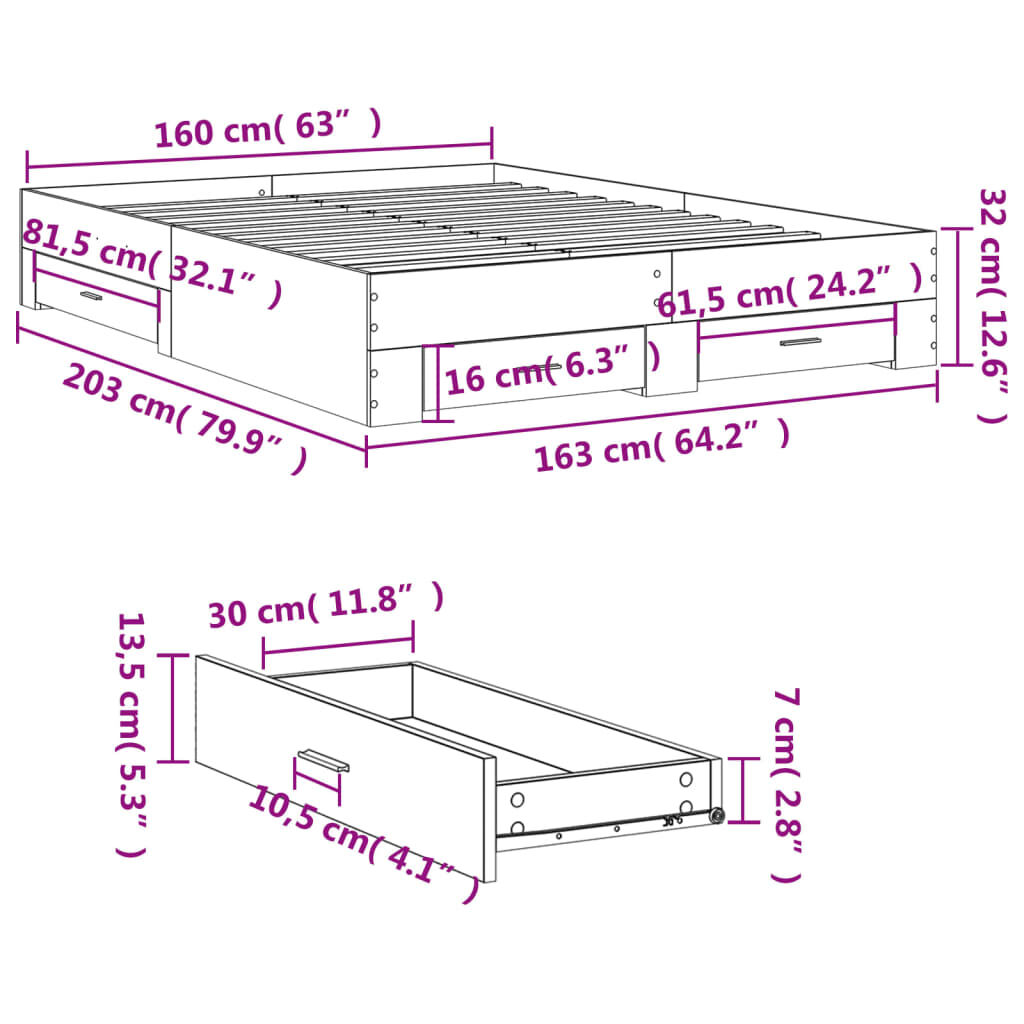 vidaXL Πλαίσιο Κρεβατιού με Συρτάρια Μαύρο 160x200 εκ Επεξεργ. Ξύλο