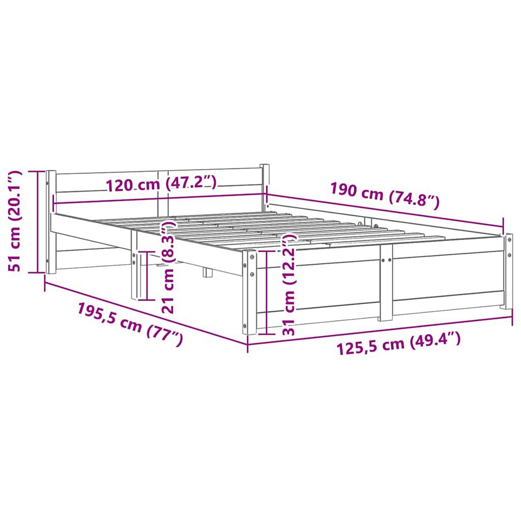 vidaXL Πλαίσιο Κρεβατιού 120 x 190 εκ. από Μασίφ Ξύλο Small Double