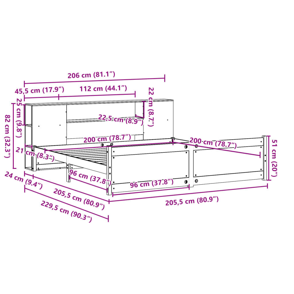 vidaXL Κρεβάτι Βιβλιοθήκη Χωρίς Στρώμα 200x200 εκ Μασίφ Ξύλο Πεύκου