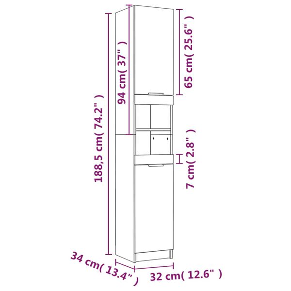 vidaXL Ντουλάπι Μπάνιου Γυαλιστερό Λευκό 32x34x188,5 εκ. Επεξεργ. Ξύλο