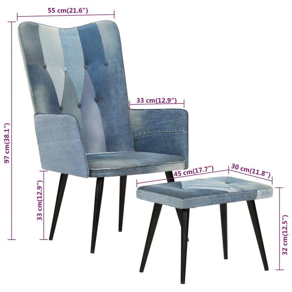 vidaXL Πολυθρόνα Μπλε Denim Patchwork από Καραβόπανο με Υποπόδιο
