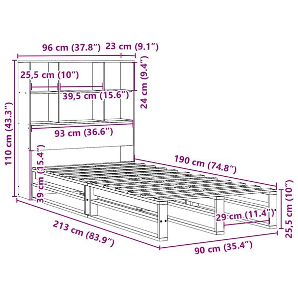 vidaXL Κρεβάτι Βιβλιοθήκη Χωρίς Στρώμα 90x190 εκ Μασίφ Πεύκο