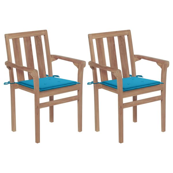 vidaXL Καρέκλες Κήπου 2 τεμ. από Μασίφ Ξύλο Teak με Μπλε Μαξιλάρια