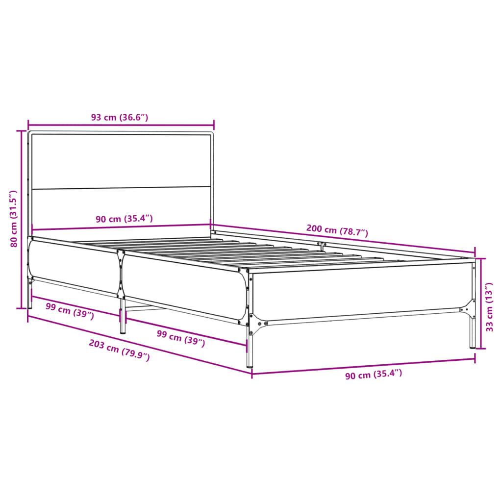 vidaXL Πλαίσιο Κρεβατιού Γκρι Sonoma 90x200 εκ. Επεξ. Ξύλο & Μέταλλο