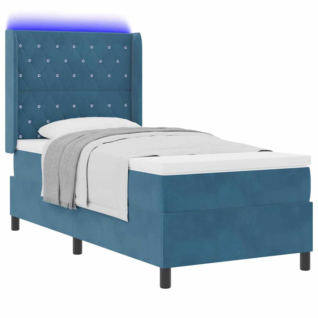 vidaXL Κρεβάτι Box Spring LED με Στρώμα Μπλε 90 x 200 cm Βελούδο