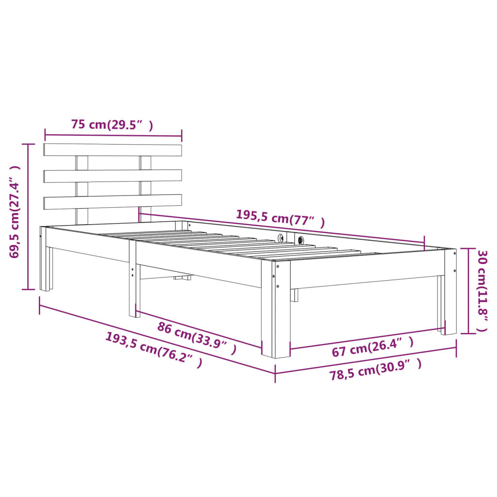 vidaXL Πλαίσιο Κρεβατιού 75 x 190 εκ. από Μασίφ Ξύλο Small Single
