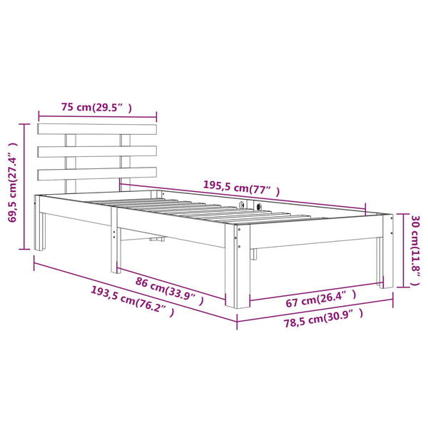vidaXL Πλαίσιο Κρεβατιού 75 x 190 εκ. από Μασίφ Ξύλο Small Single