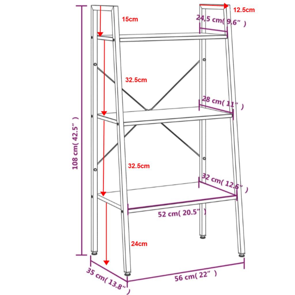 vidaXL Ραφιέρα 3 Επιπέδων Ανοιχτό Καφέ & Μαύρο 56 x 35 x 108 εκ.
