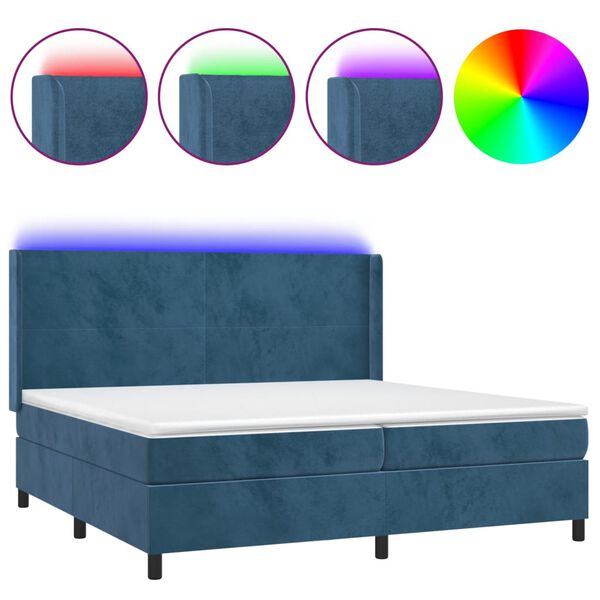vidaXL Κρεβάτι Boxspring με Στρώμα & LED Σκ. Μπλε 200x200εκ. Βελούδινο