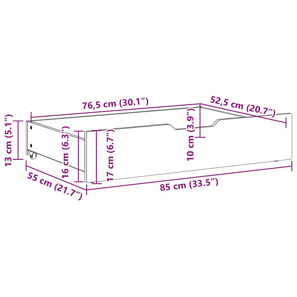 vidaXL Συρτάρια Κρεβατιού 2 τεμ Λευκό 85x55x17 εκ. Μασίφ Ξύλο Πεύκου