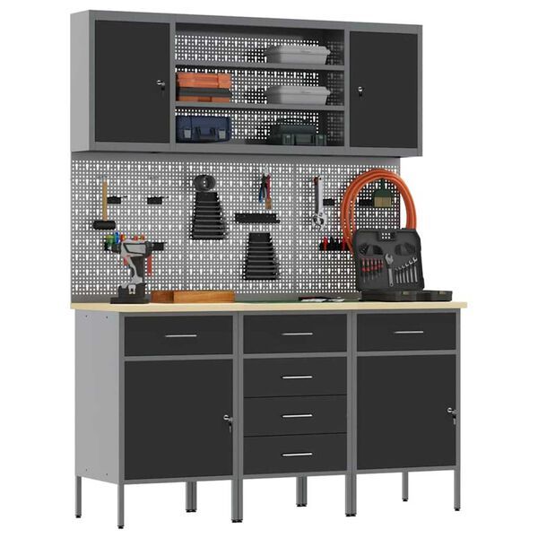 vidaXL Πάγκος εργασίας με συρτάρι 7 pcs Μαύρο 150 x 55 x 200 εκ Ατσάλι