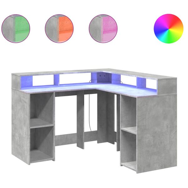 vidaXL Γραφείο με LED Γκρι Σκυρόδεματος 130x130x91 εκ. Επεξεργ. Ξύλο