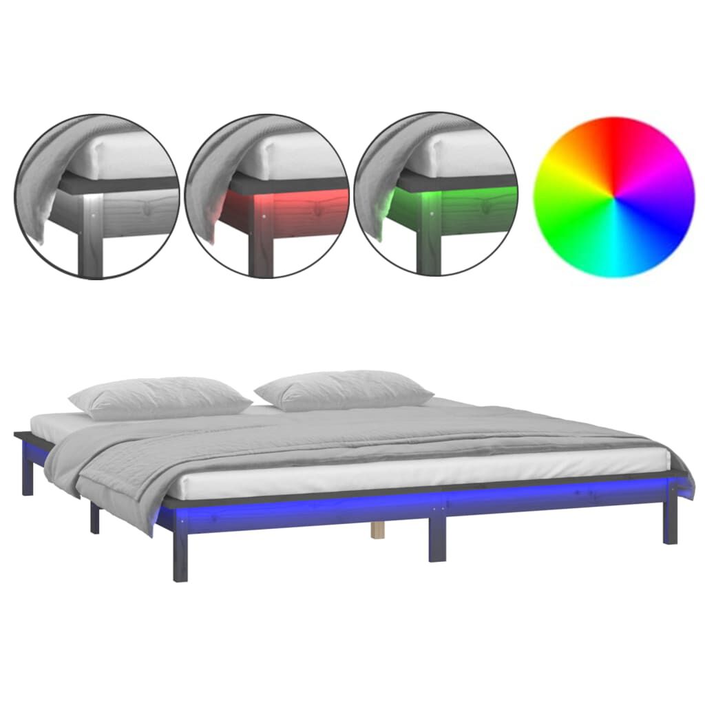 vidaXL Πλαίσιο Κρεβατιού με LED Γκρι 135 x 190 εκ. Διπλό Μασίφ Ξύλο