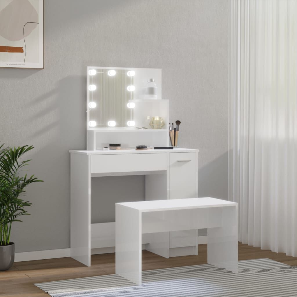 vidaXL Μπουντουάρ Σετ με LED Γυαλιστερό λευκό από Επεξεργασμένο Ξύλο