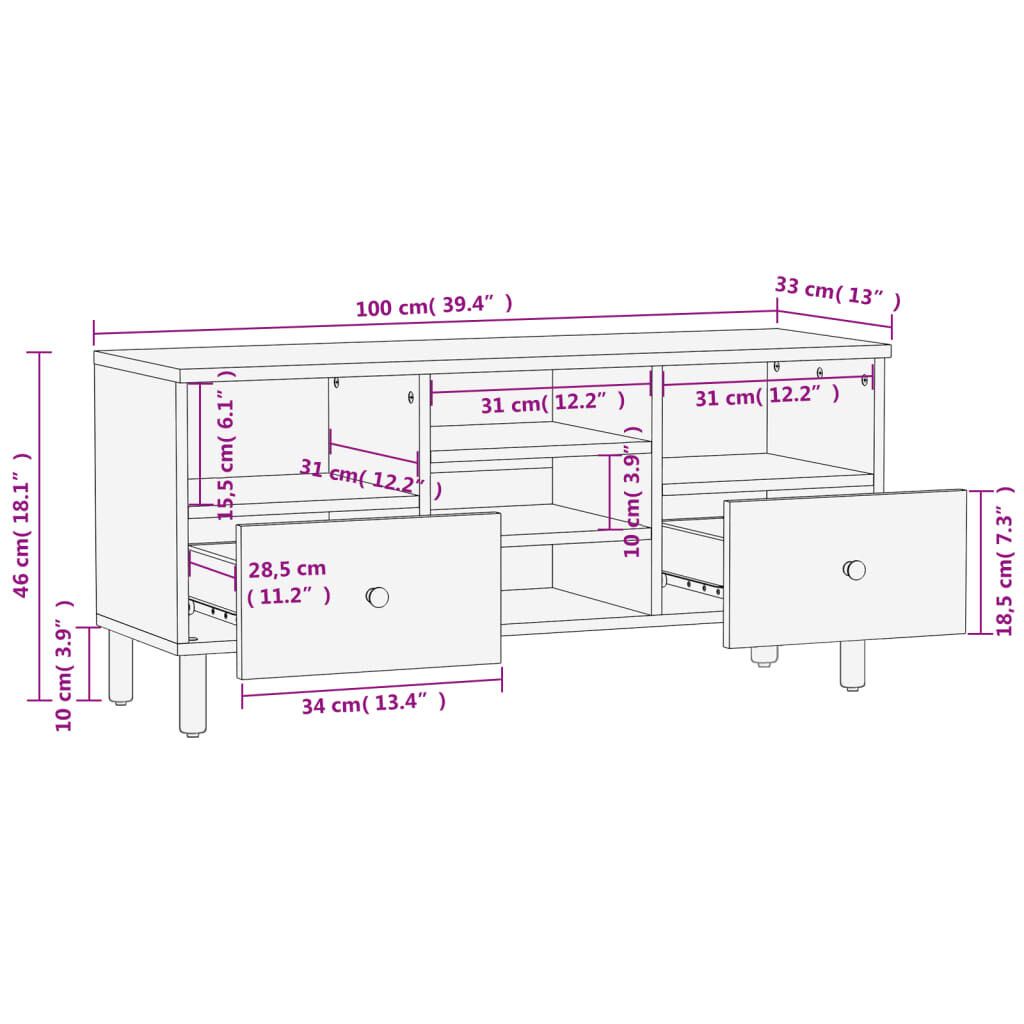 vidaXL Έπιπλο Τηλεόρασης Μαύρο 100 x 33 x 46 εκ. από Μασίφ Ξύλο Μάνγκο