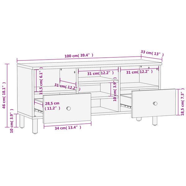 vidaXL Έπιπλο Τηλεόρασης Μαύρο 100 x 33 x 46 εκ. από Μασίφ Ξύλο Μάνγκο