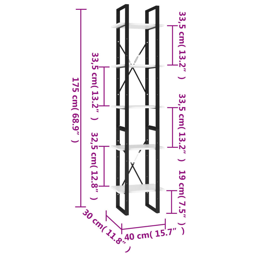 vidaXL Βιβλιοθήκη με 5 Ράφια Λευκή 40 x 30 x 175 εκ. από Επεξ. Ξύλο