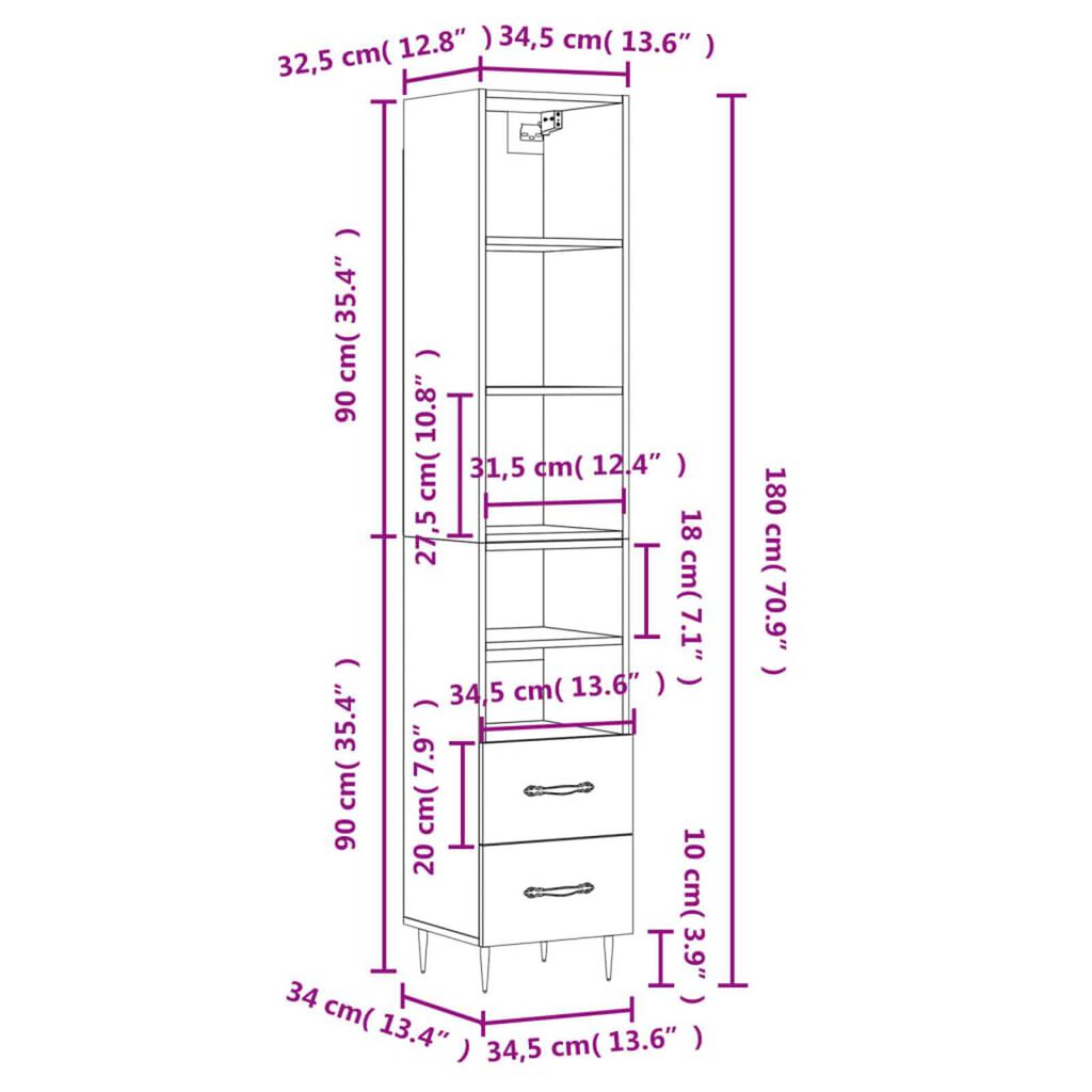 vidaXL Ντουλάπι Γυαλ. Λευκό 34,5 x 34 x 180 εκ. από Επεξεργασμένο Ξύλο