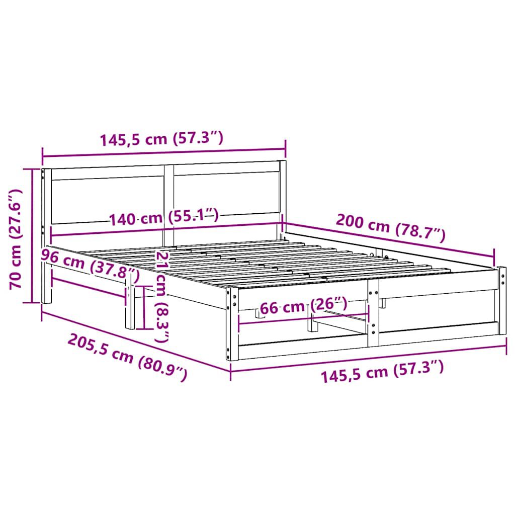 vidaXL Σκελετός Κρεβατιού Καφέ 140 x 200 cm Μασίφ ξύλο πεύκου