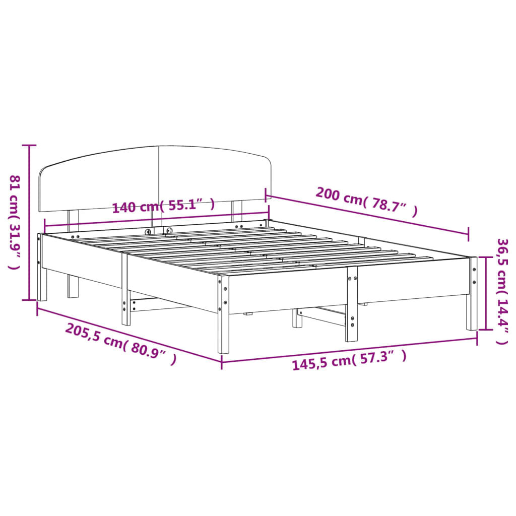 vidaXL Σκελετός Κρεβατιού Χωρίς Στρώμα 140x200 εκ Μασίφ Ξύλο Πεύκου