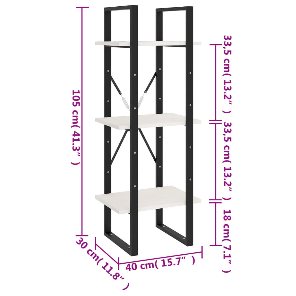 vidaXL Βιβλιοθήκη με 3 Ράφια Λευκή 40x30x105 εκ. από Μασίφ Ξύλο Πεύκου