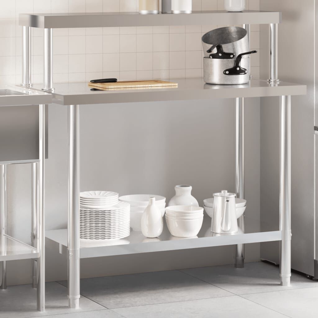 vidaXL Πάγκος Εργασίας Κουζίνας με Ράφι 110x55x120 εκ. Ανοξείδ. Ατσάλι