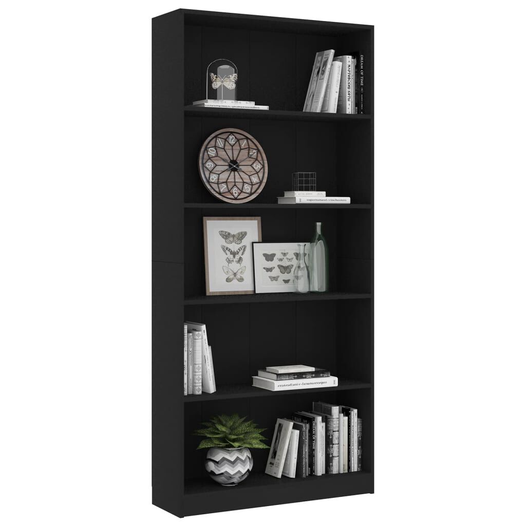 vidaXL Βιβλιοθήκη με 5 Ράφια Μαύρη 80 x 24 x 175 εκ. από Επεξ. Ξύλο
