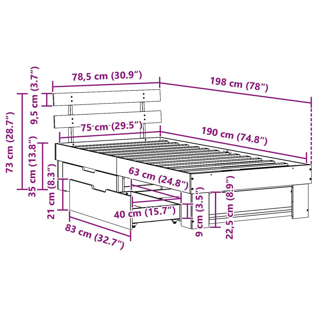 vidaXL Σκελετός Κρεβατιού Λευκό 75 x 190 cm Συμπαγές ξύλο πεύκου