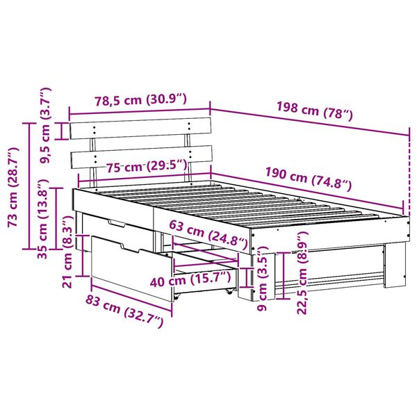 vidaXL Σκελετός Κρεβατιού Λευκό 75 x 190 cm Συμπαγές ξύλο πεύκου