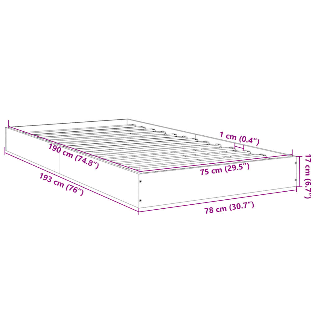 vidaXL Πλαίσιο Κρεβατιού Γκρι Σκυροδέματος 75 x 190 εκ. Επεξεργ. Ξύλο