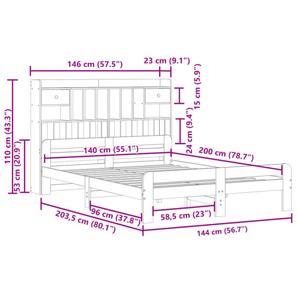 vidaXL Κρεβάτι Βιβλιοθήκη Χωρίς Στρώμα 140x200 εκ Μασίφ Ξύλο Πεύκο