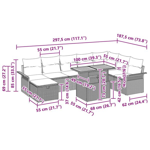 vidaXL Σετ Καναπέ Κήπου με μαξιλάρι 9 pcs Μπεζ Πολυ ράταν