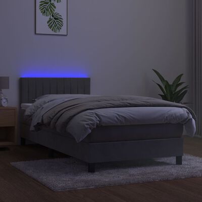 vidaXL Κρεβάτι Boxspring με Στρώμα & LED Αν.Γκρι 90x200 εκ. Βελούδινο