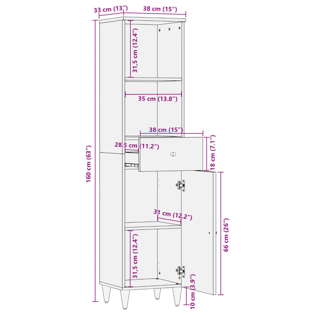 vidaXL Ντουλάπι Μπάνιου 38 x 33 x 160 εκ. από Μασίφ Ξύλο Μάνγκο