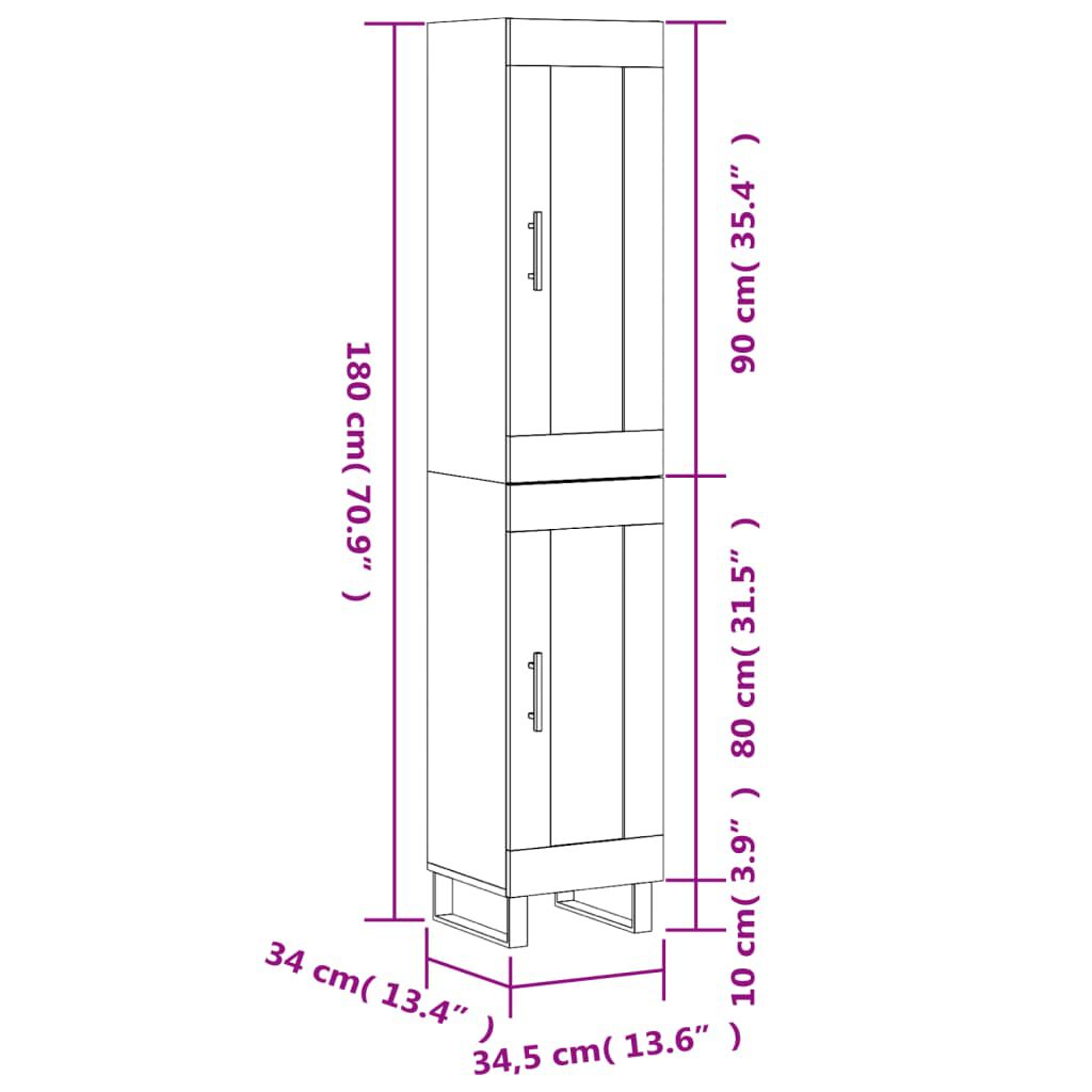 vidaXL Ντουλάπι Γυαλ. Λευκό 34,5 x 34 x 180 εκ. από Επεξεργασμένο Ξύλο