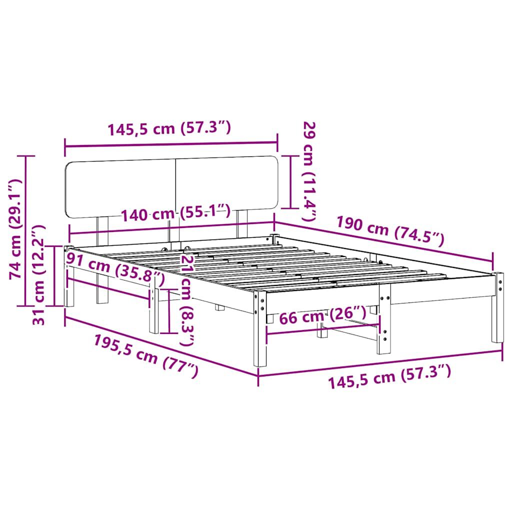 vidaXL Σκελετός Κρεβατιού Φυσικό 140 x 190 cm Μασίφ ξύλο πεύκου