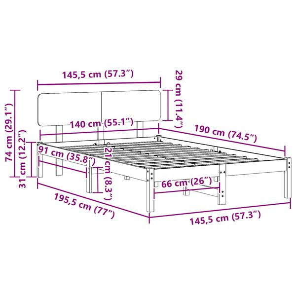 vidaXL Σκελετός Κρεβατιού Φυσικό 140 x 190 cm Μασίφ ξύλο πεύκου