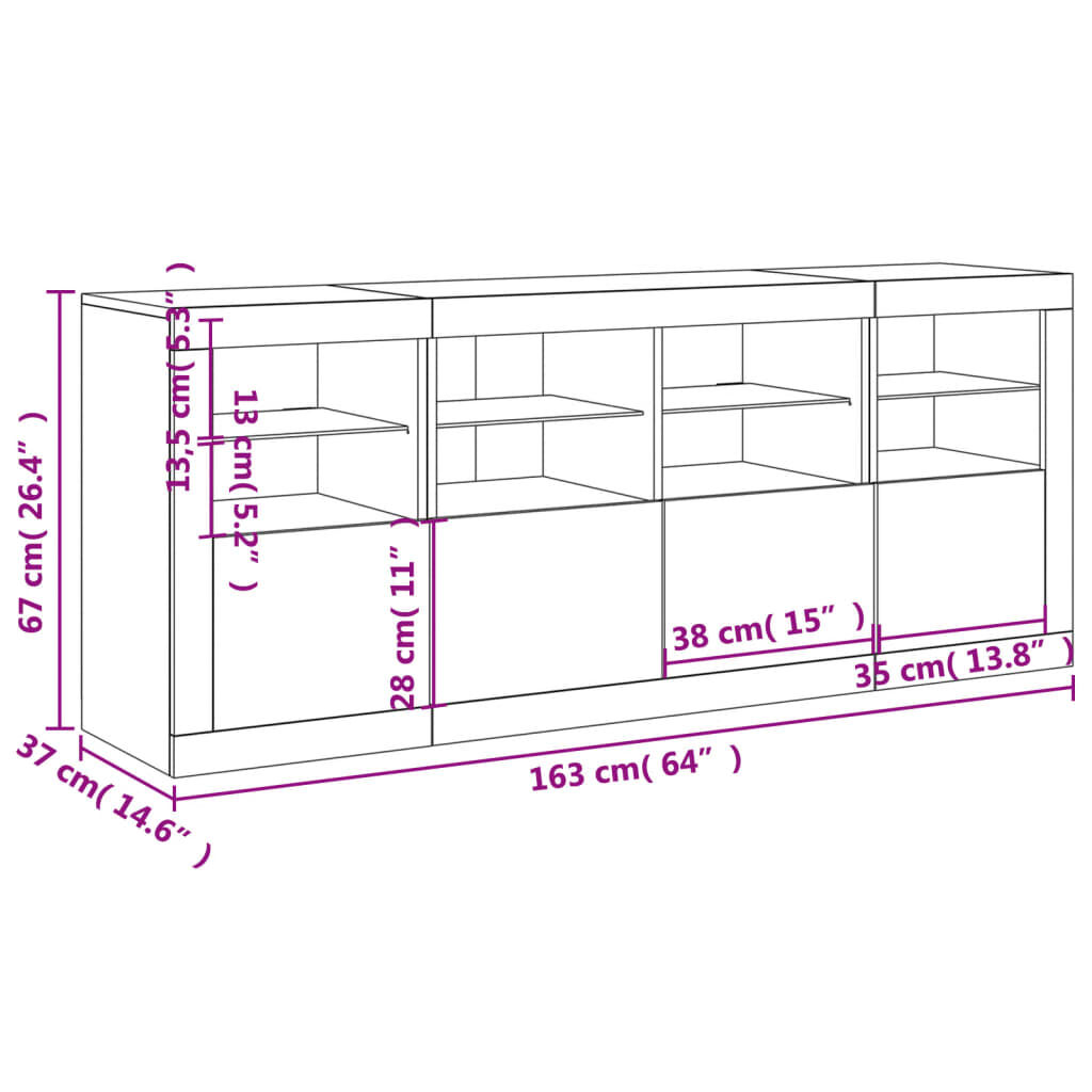 vidaXL Μπουφές με LED Sonoma Δρυς 163 x 37 x 67 εκ.