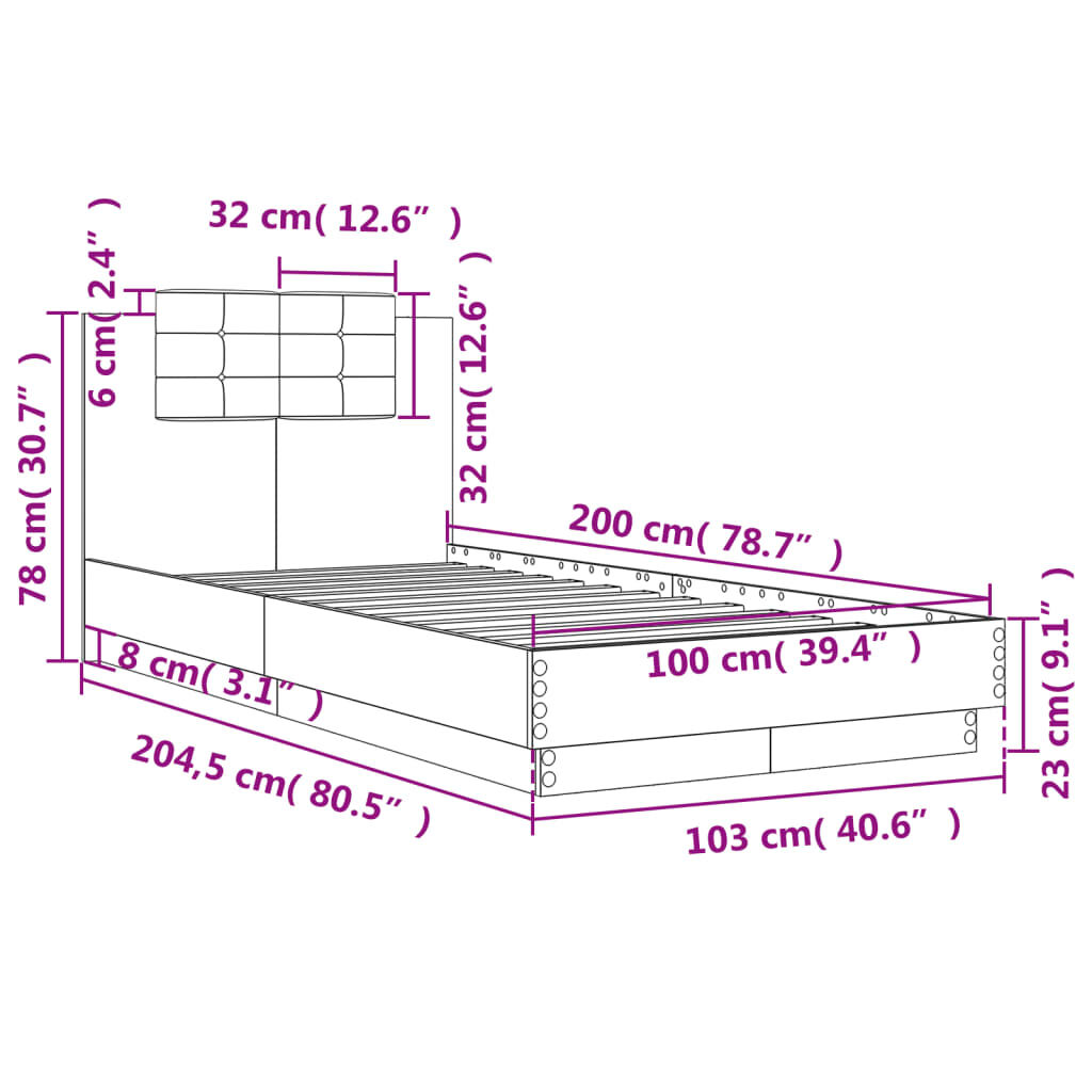 vidaXL Πλαίσιο Κρεβατιού με Κεφαλάρι/LED Sonoma δρυς 100x200 εκ.