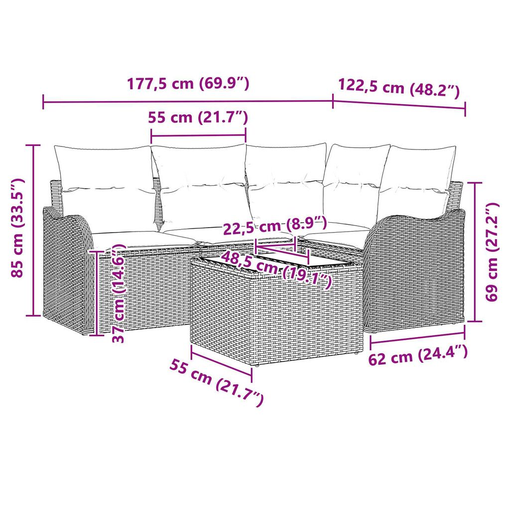 vidaXL Σετ Καναπέ Κήπου με μαξιλάρι 5 pcs Μπεζ Πολυ ράταν