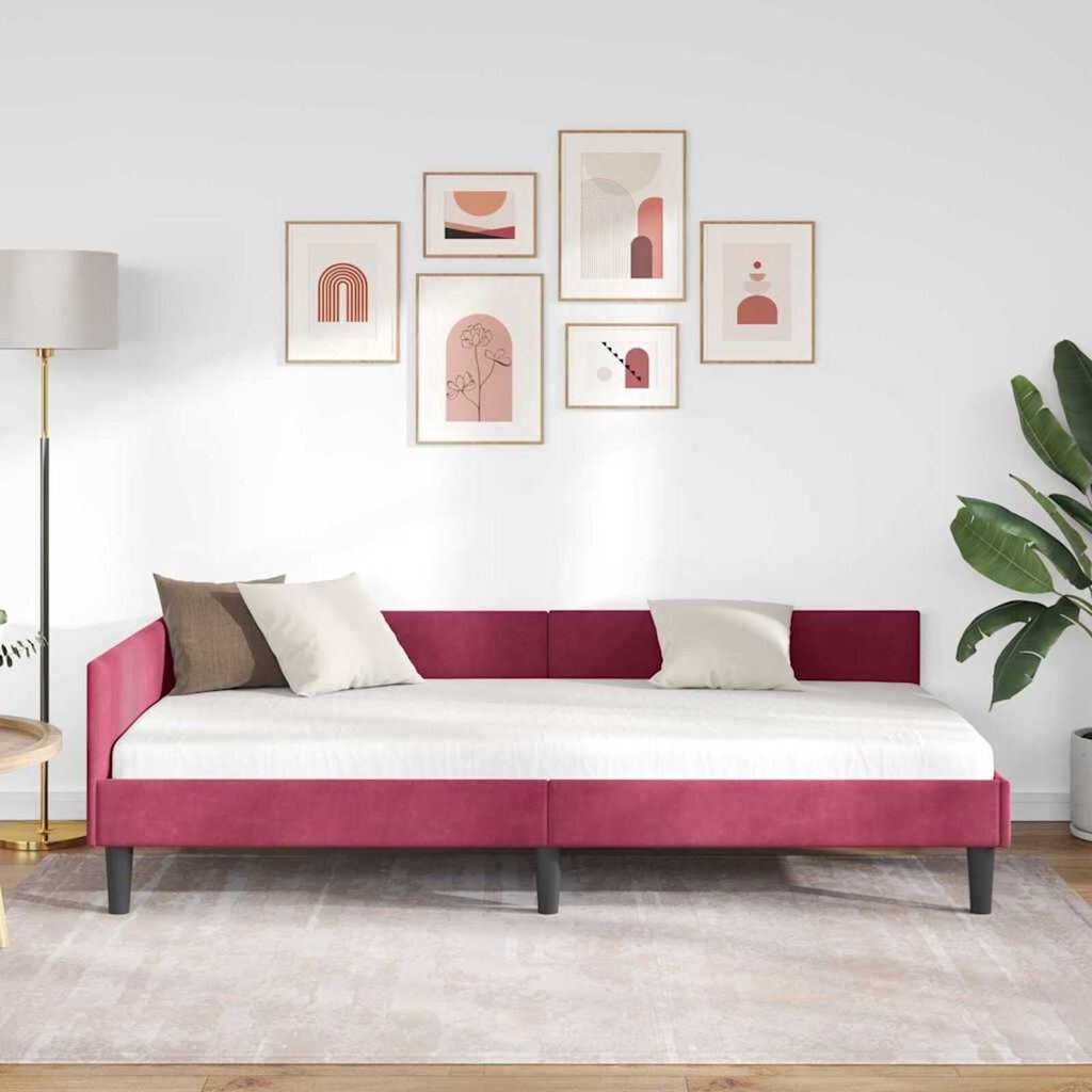 vidaXL Πλαϊνό Κρεβάτι Μπορντό 90 x 190 cm Βελούδο και Στιβαρή ξυλεία