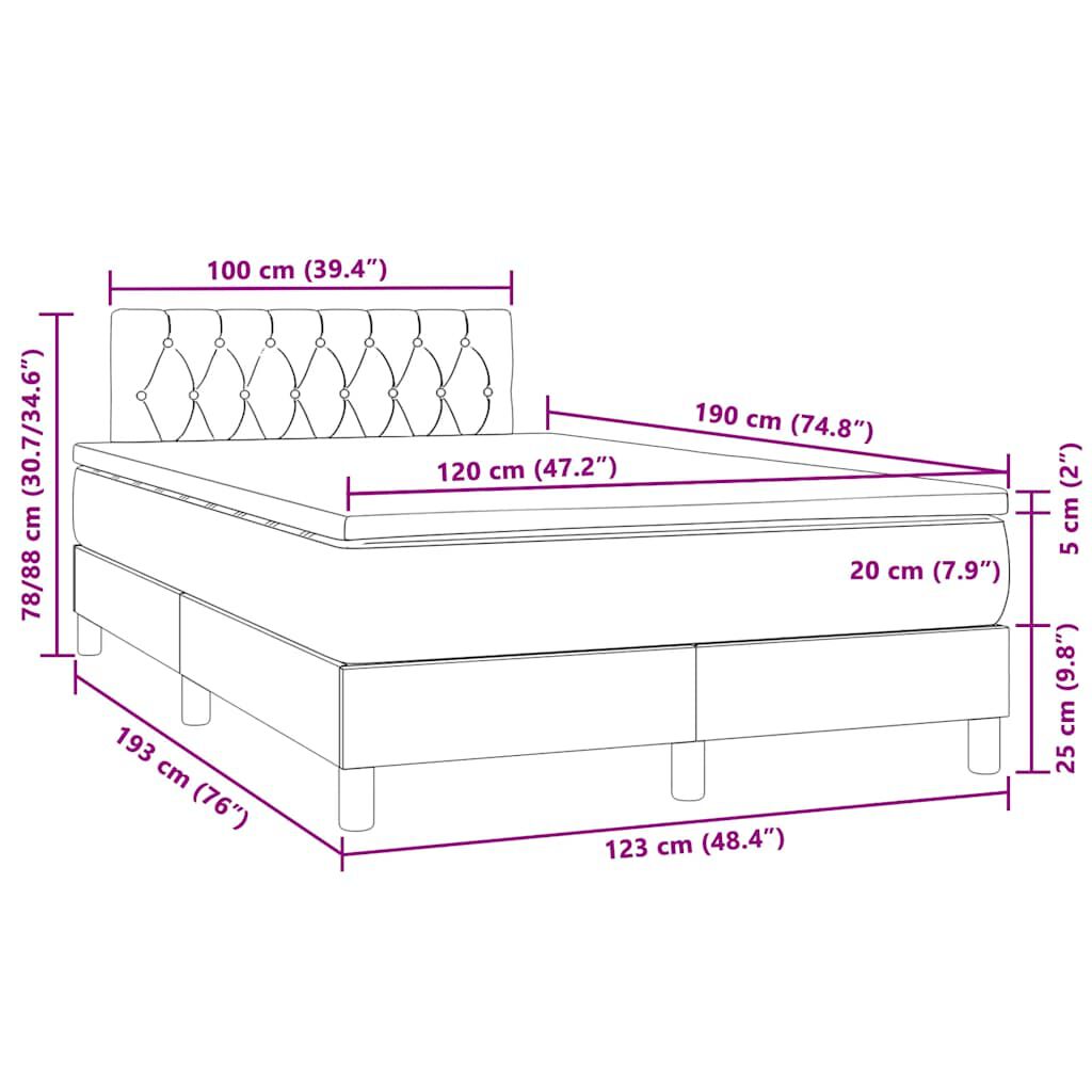vidaXL Κρεβάτι Boxspring με Στρώμα & LED Αν.Γκρι 120x190εκ. Βελούδινο