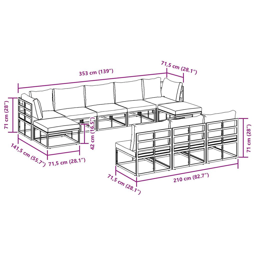 vidaXL Σετ Καναπέ Κήπου 10 pcs Μαύρο 353 x 141.5 x 71 εκ Αλουμίνιο