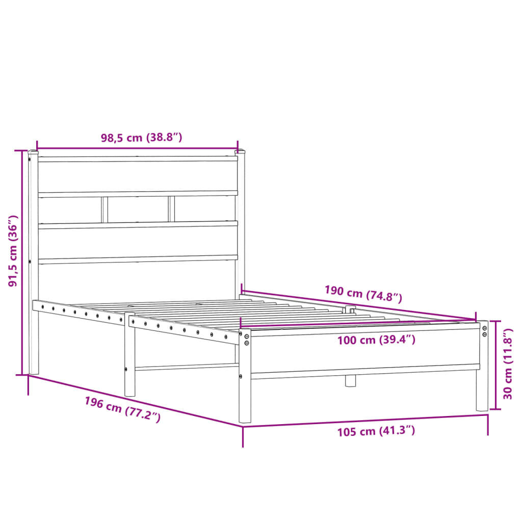 vidaXL Πλαίσιο Κρεβατιού Χωρ. Στρώμα Sonoma Δρυς 100x190 εκ Επ. Ξύλο