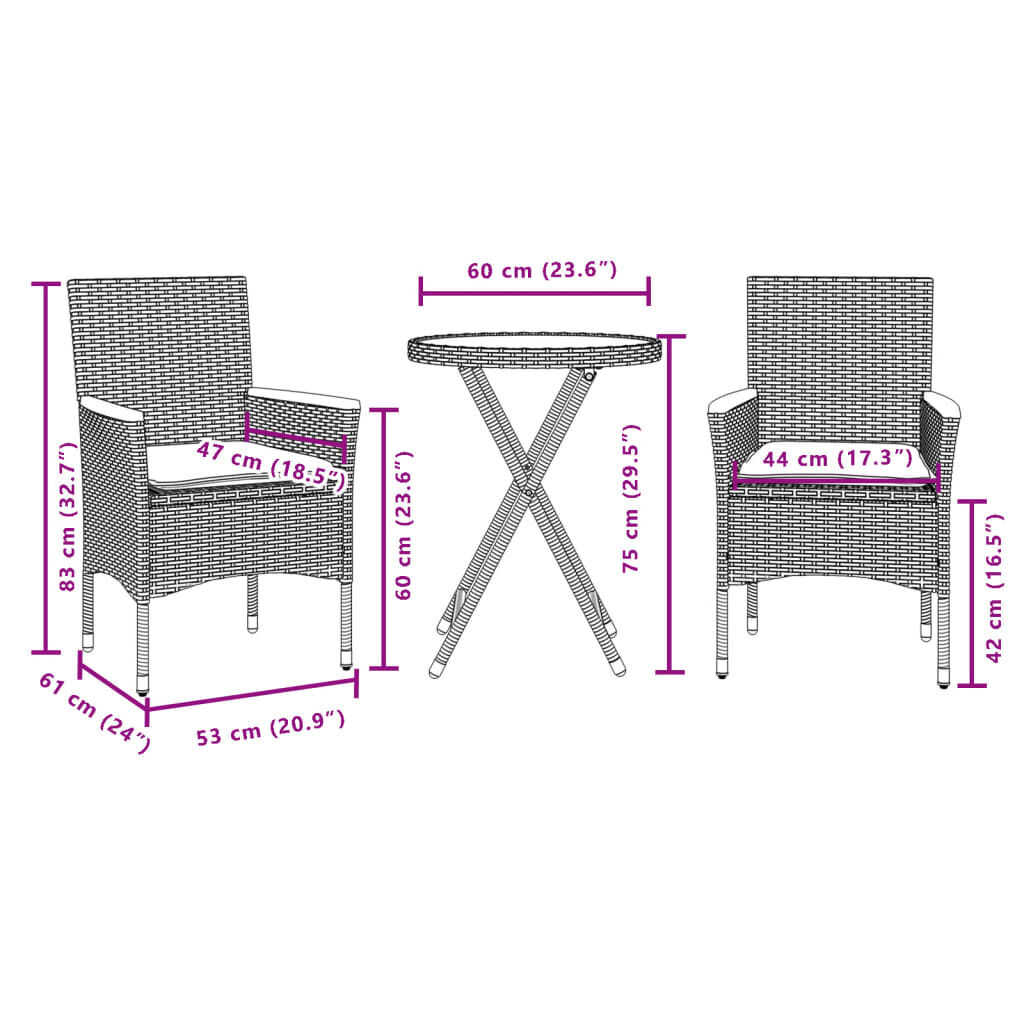 vidaXL Σετ Επίπλων Bistro 3τεμ. Γκρι Συνθ. Ρατάν/Ακακία + Μαξιλάρια