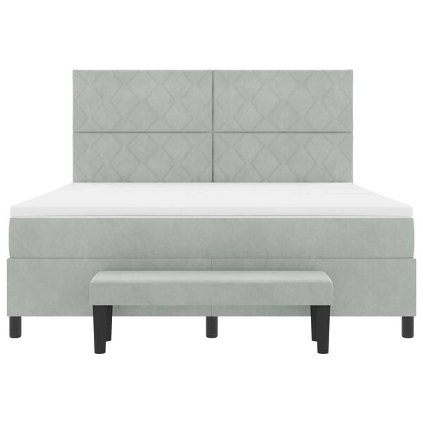 vidaXL Κρεβάτι Box Spring με Στρώμα & Πάγκο Ανοιχτό Γκρι 180x200 εκ. Βελούδινο